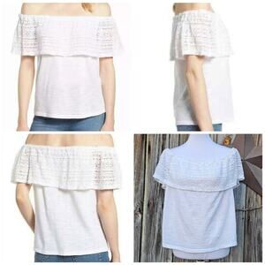 Crochet Detail Top Lucky Brand Size S White Off Shoulder Overlay Sleeveless